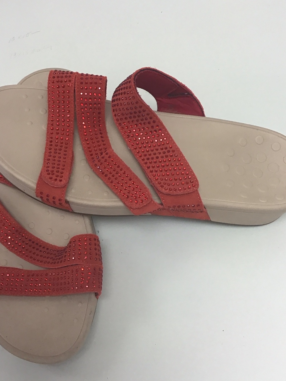 Vionic Red Rhinestone Triple-Strap Slide Sandals - Picture 3 of 6